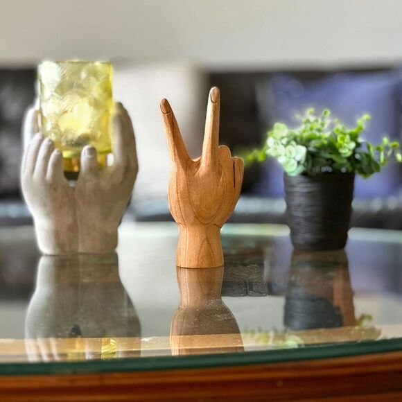 Carved Wooden Peace Sign Hand Gesture Statue Natural Finish 7.75 Inches High - Picture 8 of 10